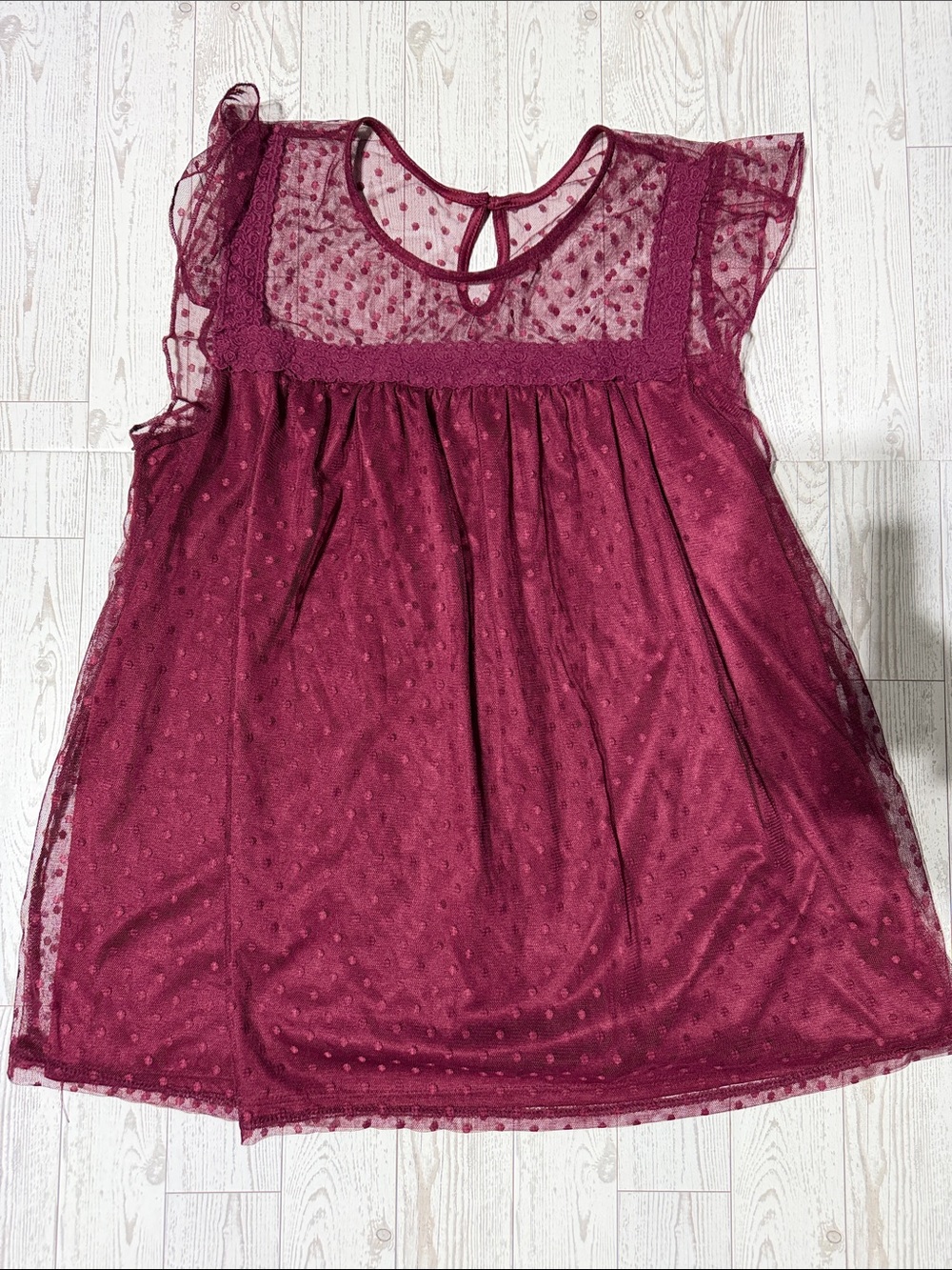 No Boundaries Burgundy Dot Mesh Lace Yoke Flutter Tunic